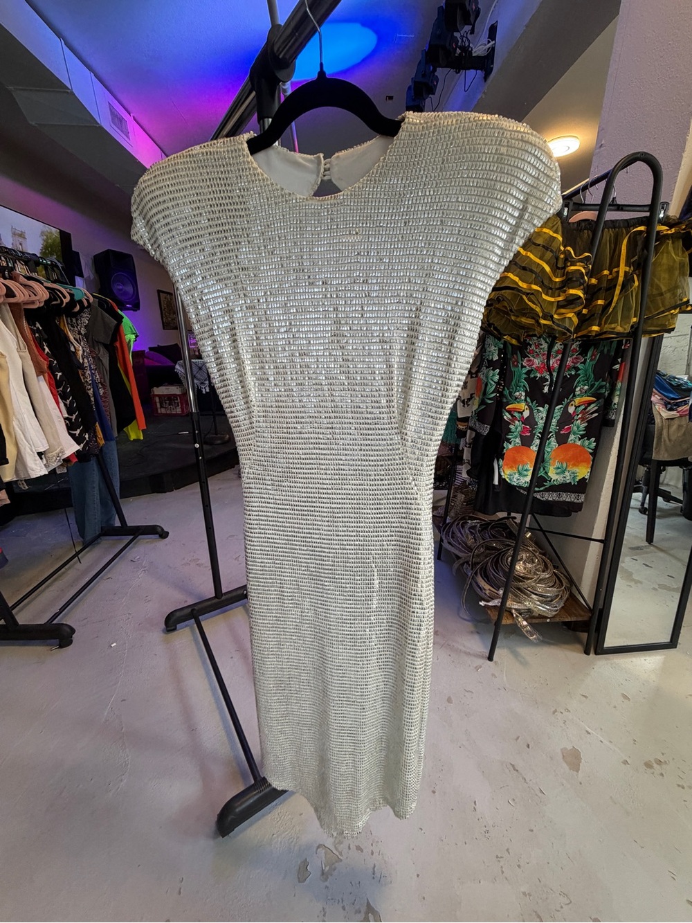 Casadei Silver Sequin Short-Sleeve Midi Dress